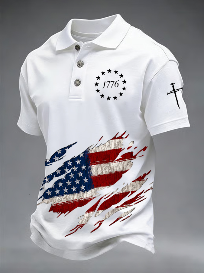 Men'S Retro American Flag Independence Day Print Casual Polo Shirt