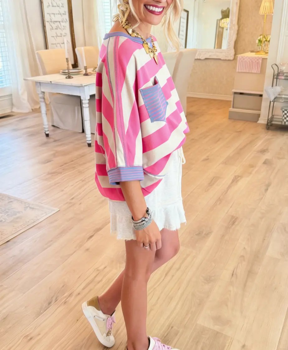 Women's Striped Drop Shoulder Cotton T-Shirt – Loose Fit Half Sleeve Pocket Blouse