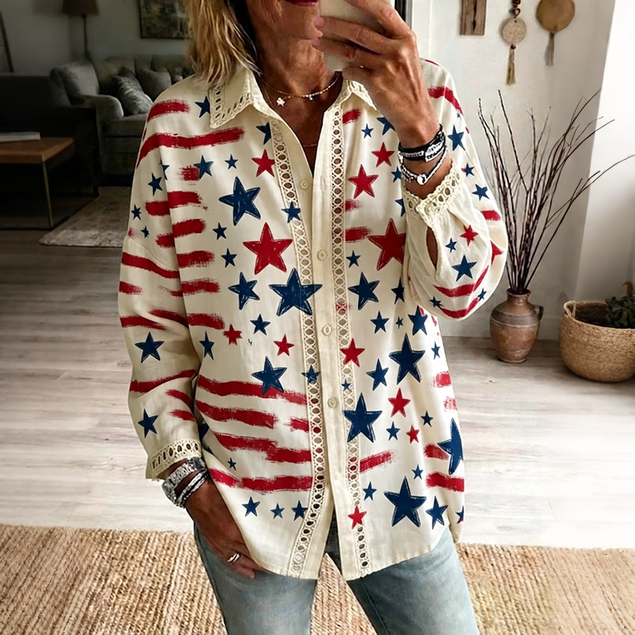 Women's Casual Hollow Out Pentagram Printed Shirt