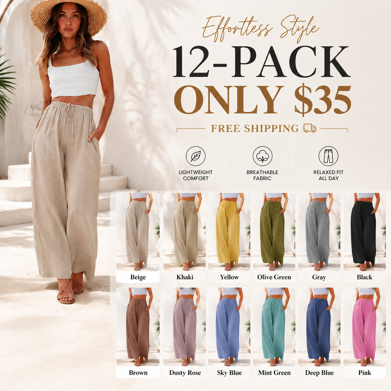 Women's 2026 Viral Palazzo Pants - Lightweight Wide Leg Trousers with Pockets