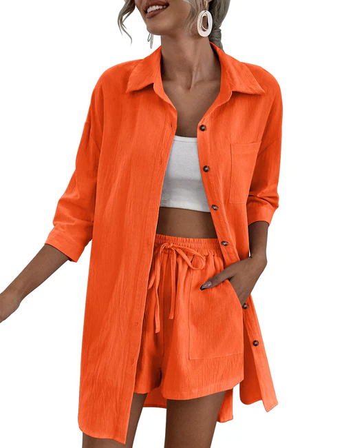 2025 Women's Linen 2-Piece Lounge Set – High-Low Shirt & Drawstring Shorts
