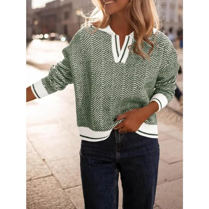 Womens V Neck Knit Sweater Color Block Long Sleeve