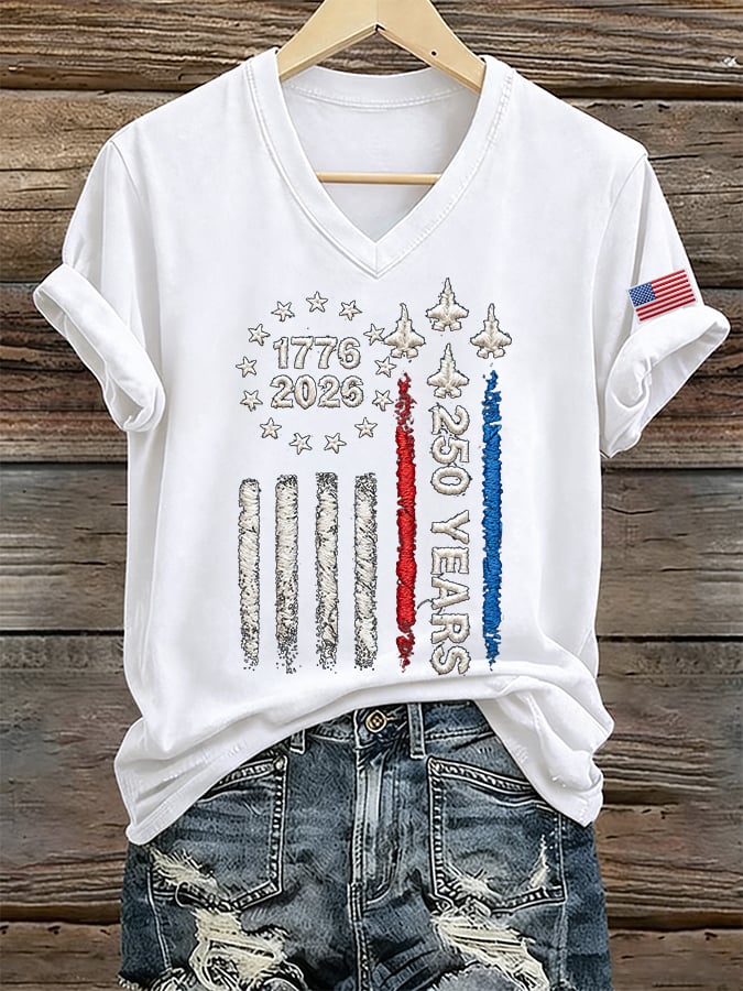 Women's 250 Years Of Freedom Print V Neck T-shirt