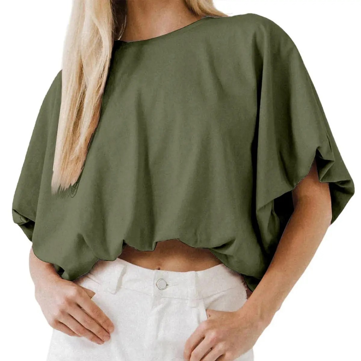Women's Slouchy Dolman Sleeve Crop Top – Soft & Flowy Casual Summer Tee
