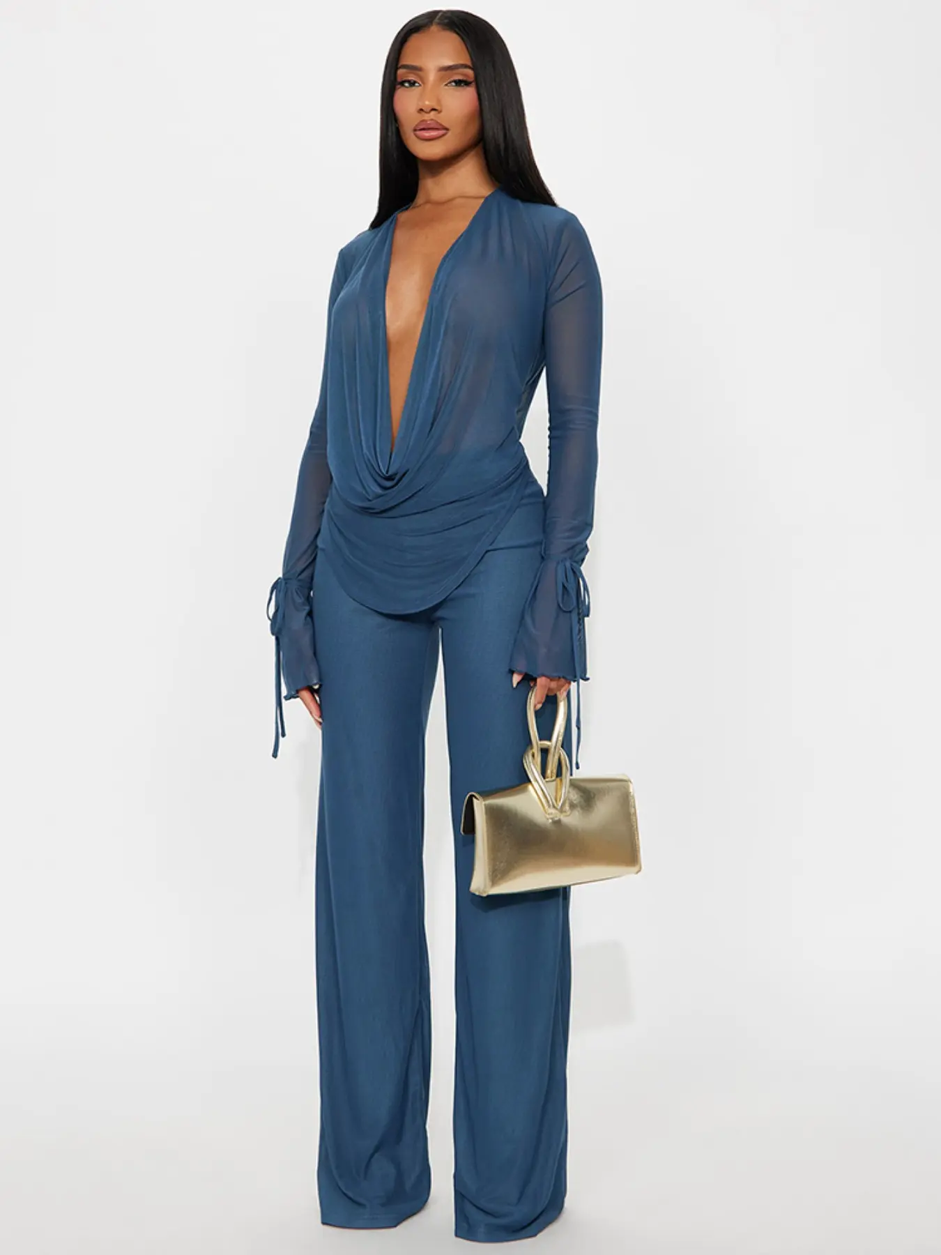 Women's Fashion Casual Two-Piece Set, Deep V Mesh Top & Wide Leg Pants, Trendy Long Sleeve Tie Design, Perfect for Daily Wear