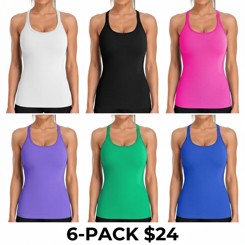 Women's Ribbed Workout Tank Top – Built-in Bra, Racerback, Scoop Neck
