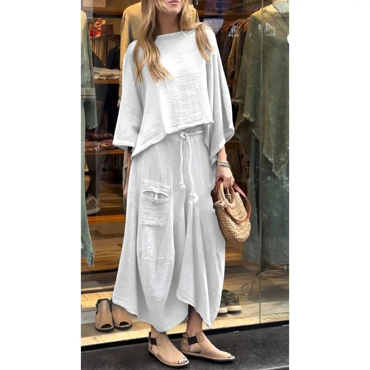 Women’s 2-Piece Loose Vintage-Style Batwing Sleeve Skirt Set