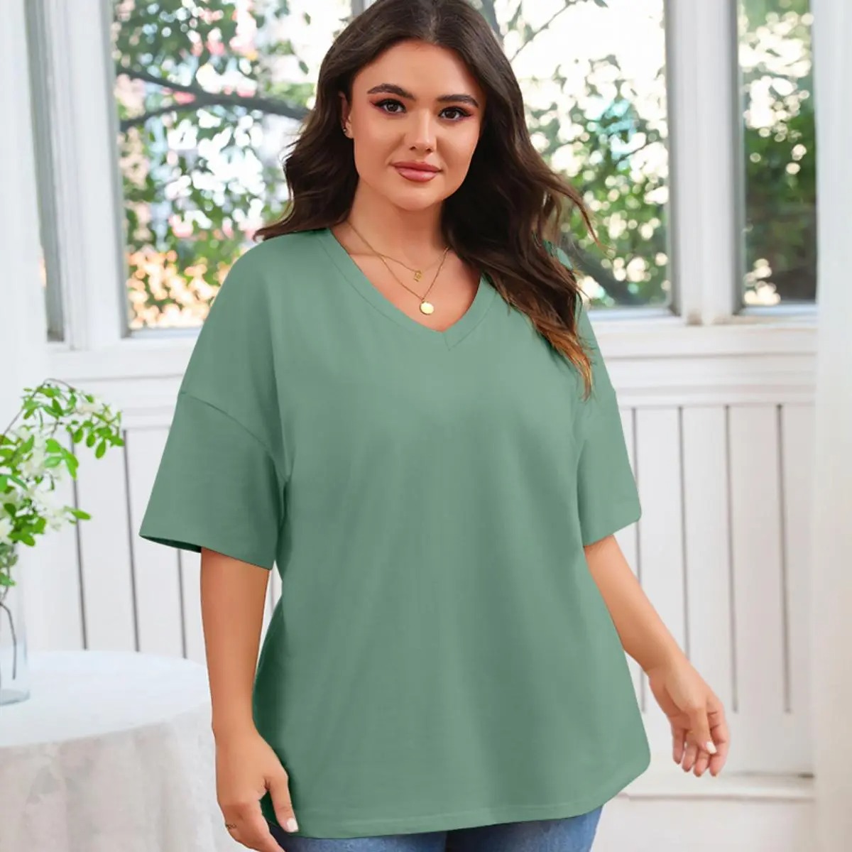 Women's V-Neck Short Sleeve Tunic Top Casual Loose Fit Soft Cotton Summer Tee