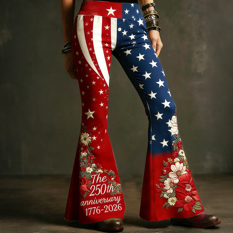 Ladies' Casual American Flag Flower Personalized Printed Flared Pants