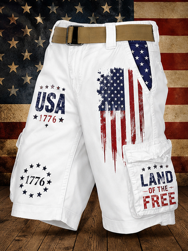 Men's Independence Day Land Of The Free Print Denim-Like Cargo Shorts