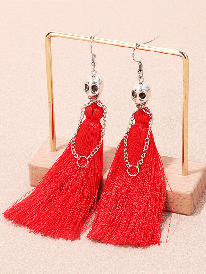 Halloween Skull Tassel Statement Earrings