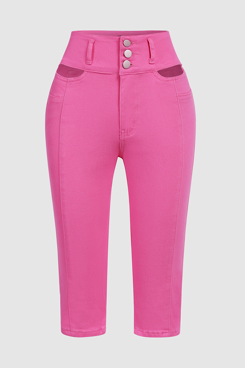 Solid Cut Out Waist Skinny High Waist Capri Jeans2