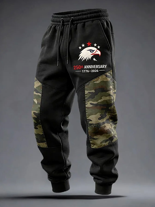 Men's American Anniversary Camouflage And Eagle Art Print Loose Drawstring Waist Sweatpants