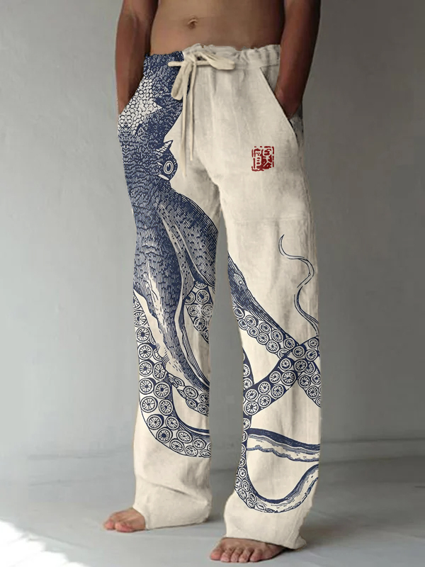Men's Octopus Japanese Lino Print Casual Pants