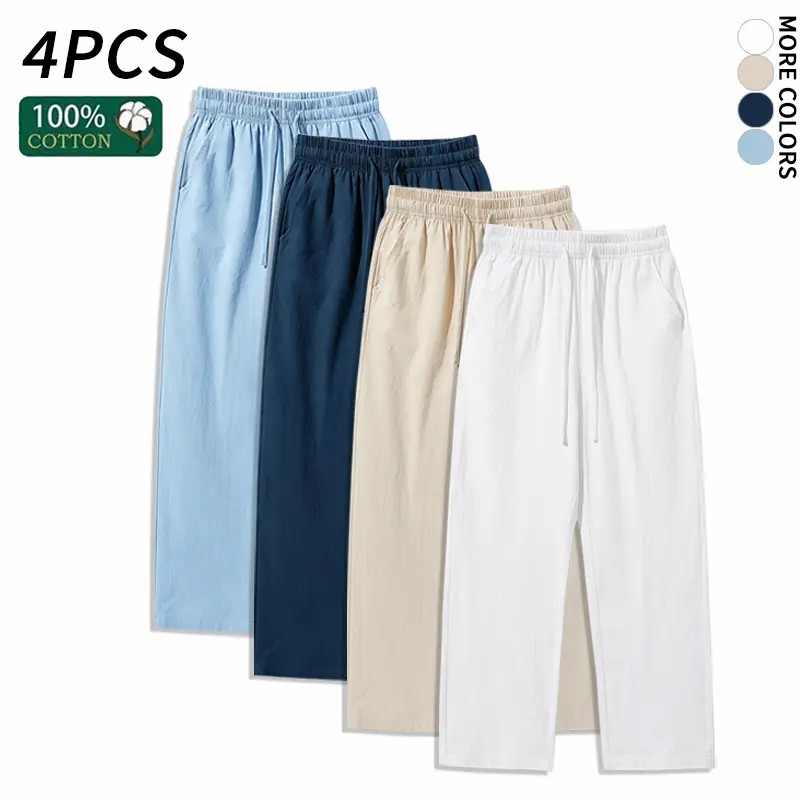 4-Pack 100% Cotton Linen Wide Leg Pants | Breathable Drawstring Summer Pants for Men & Women