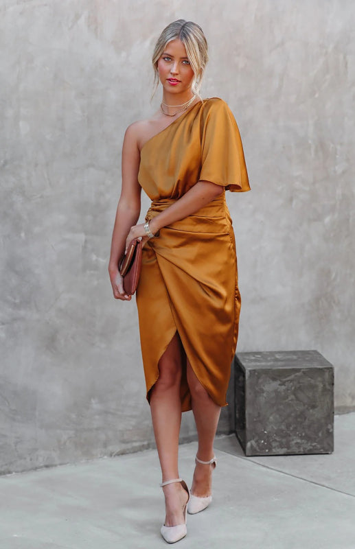 One Sleeve Irregular Pleated Waist Skirt Dress