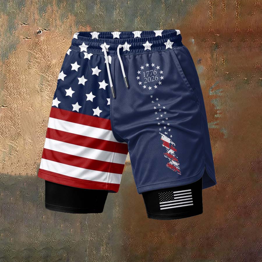 Men'S Independence Day Founding Celebration Printed Pattern Slim Fit Double Layer Sports Elastic Belt Quick Drying Breathable Shorts