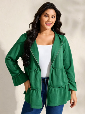 Women's Solid Dim Gray Polyester Quilted Puffer Coat - Fitted, Tiered Ruffled Edges, Zipper Closure, Pockets, Long Sleeves, Casual Clothes, Casualwear Outerwear