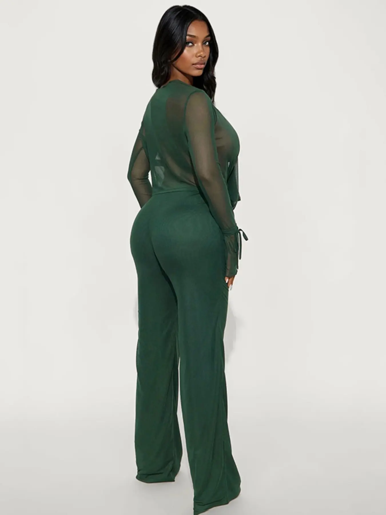 Women's Fashion Casual Two-Piece Set, Deep V Mesh Top & Wide Leg Pants, Trendy Long Sleeve Tie Design, Perfect for Daily Wear