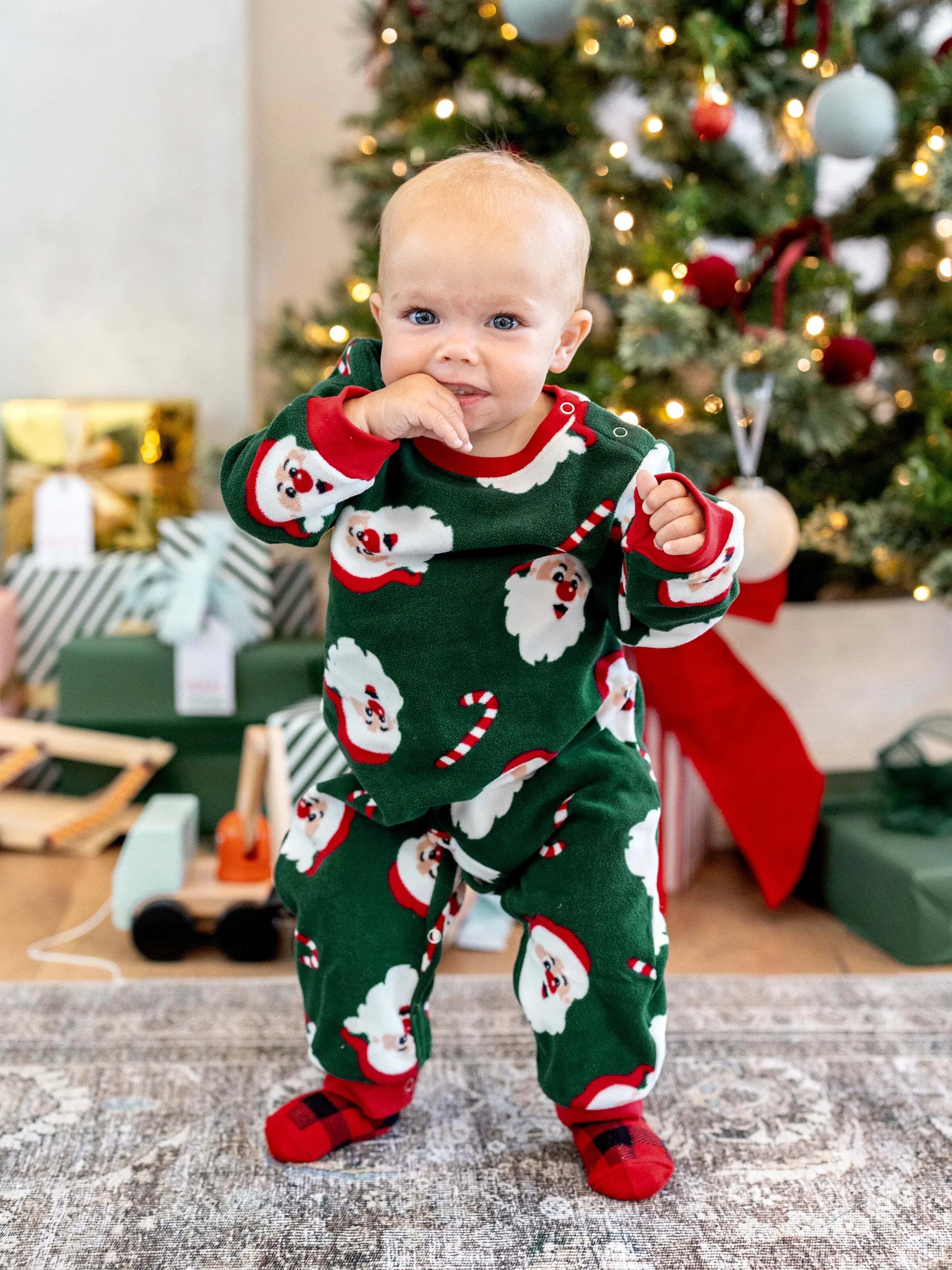 Christmas Matching Family Fleece Pajamas Set Santa Claus and Candy Cane Print PJS with Christmas Socks Dark Green