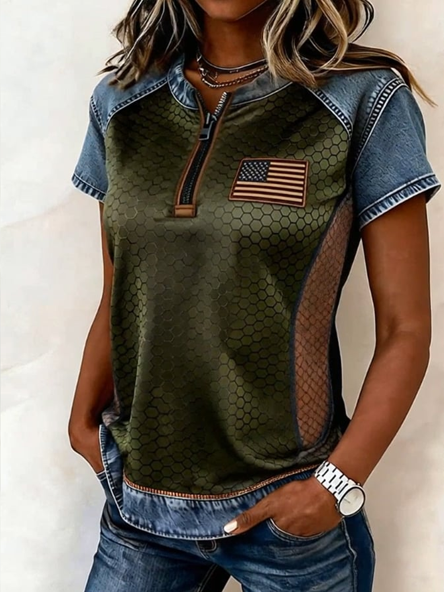 Women's Retro Casual Printed Patchwork Denim Top