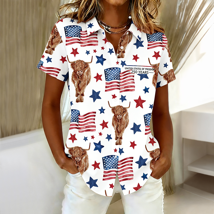 Ladies' Casual Commemorative American Flag Highland Cow Collar Short Sleeved Shirt