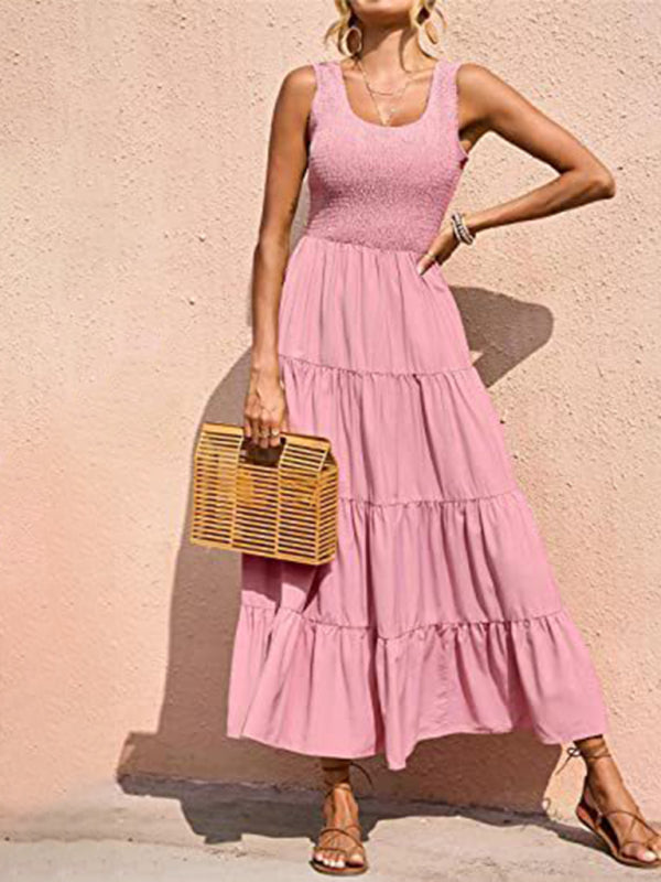 Spaghetti Strap Skirt Pleated Stitching A-Line Large Hem Dress