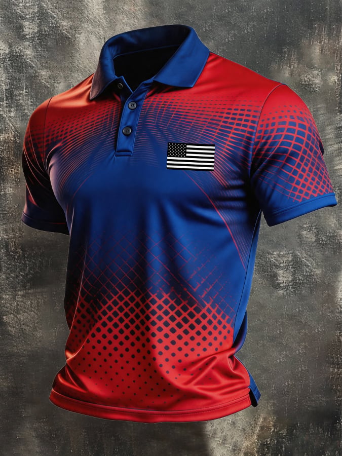 Men's Retro Patriotic Color-Block Short-Sleeve Polo Shirt