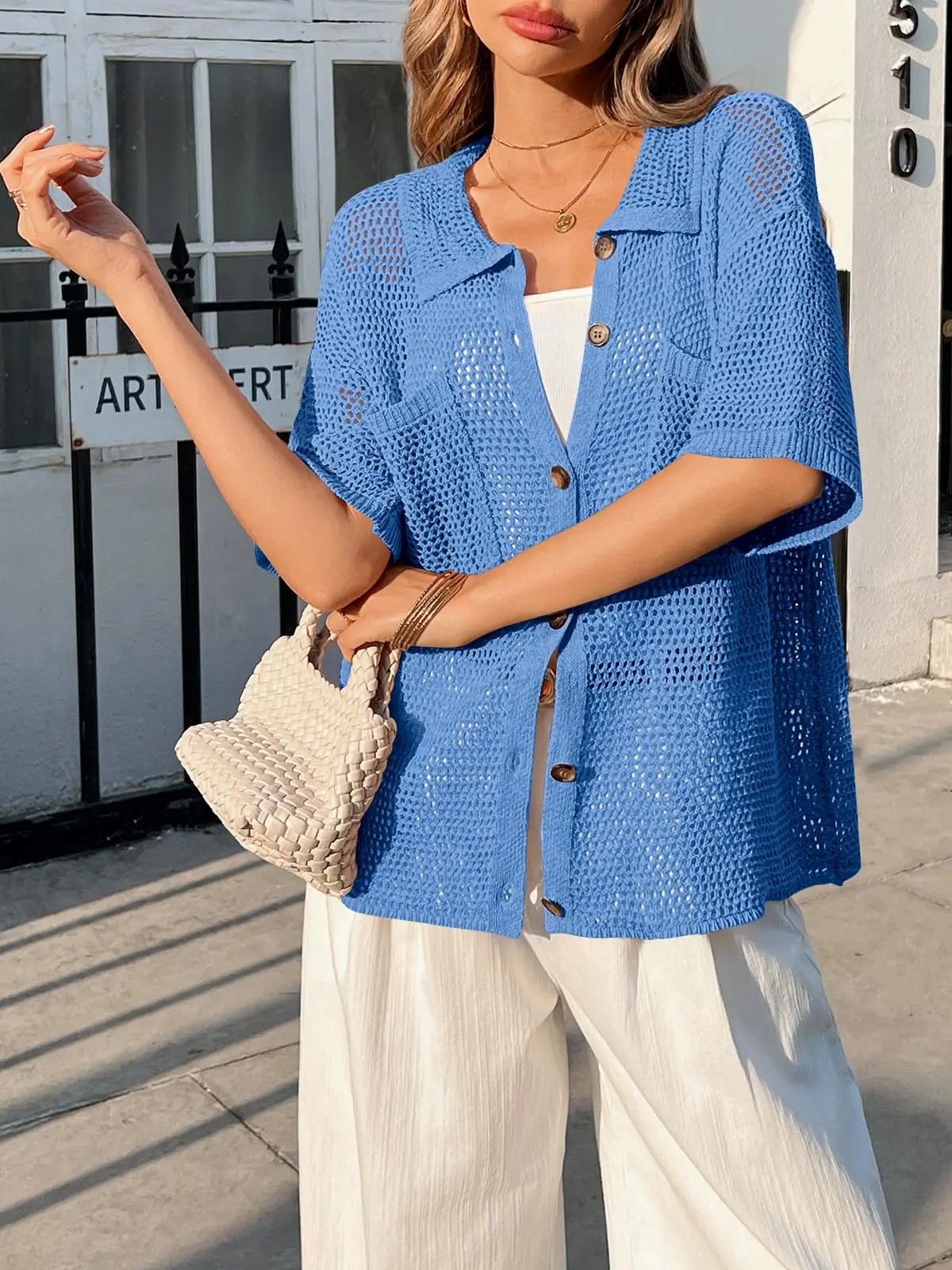 Women's Crochet Lightweight Cardigan – Short Sleeve Button Down Summer Cover Up