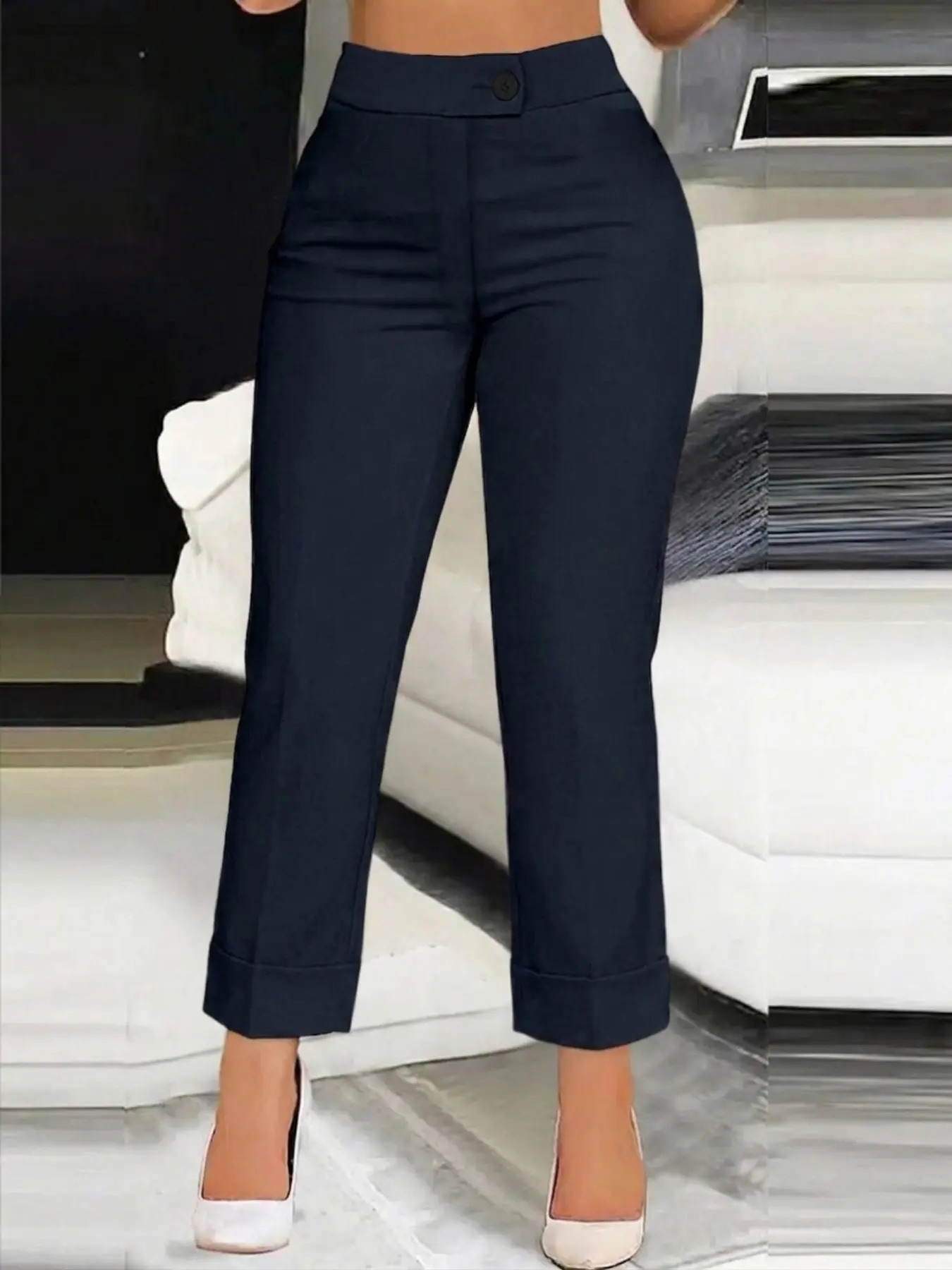 Women's Asymmetric Waistband Solid-Color Casual Trousers