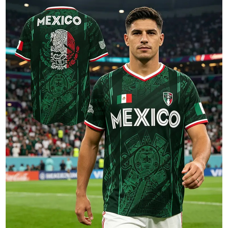 2026 Mexico soccer jersey—a retro-style shirt featuring a pattern of the Chichén Itzá pyramid