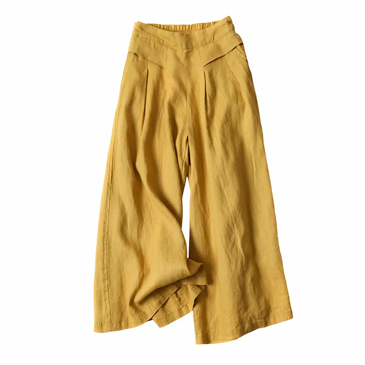 Women's Cotton Linen Wide Leg Culottes – Elastic Waist, Pockets, Minimalist Casual Capri Pants
