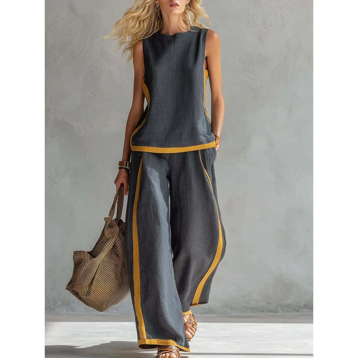 2026 Blend Two Piece Set for Women Sleeveless Color Block Top Wide Leg Pants Set Casual Summer Outfit