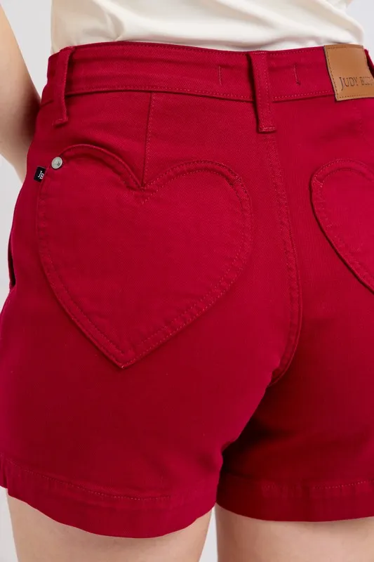 Blue High Waist Tummy Control Garment Dyed Heart Shaped Denim Shorts