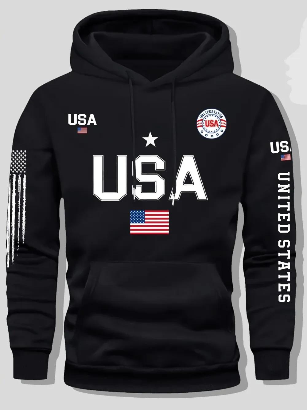 Men's fleece sweatshirt, United States letter print unisex casual knit fabric pullover for students and couples fashion hoodie