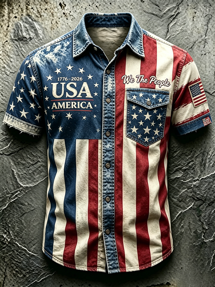 Men'S Casual American 250Th Anniversary Edition Printed Pocket Short Sleeved Shirt