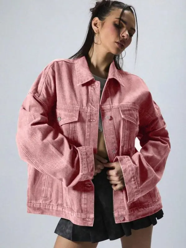 Women's Plain Button Front Drop Shoulder Denim Coat