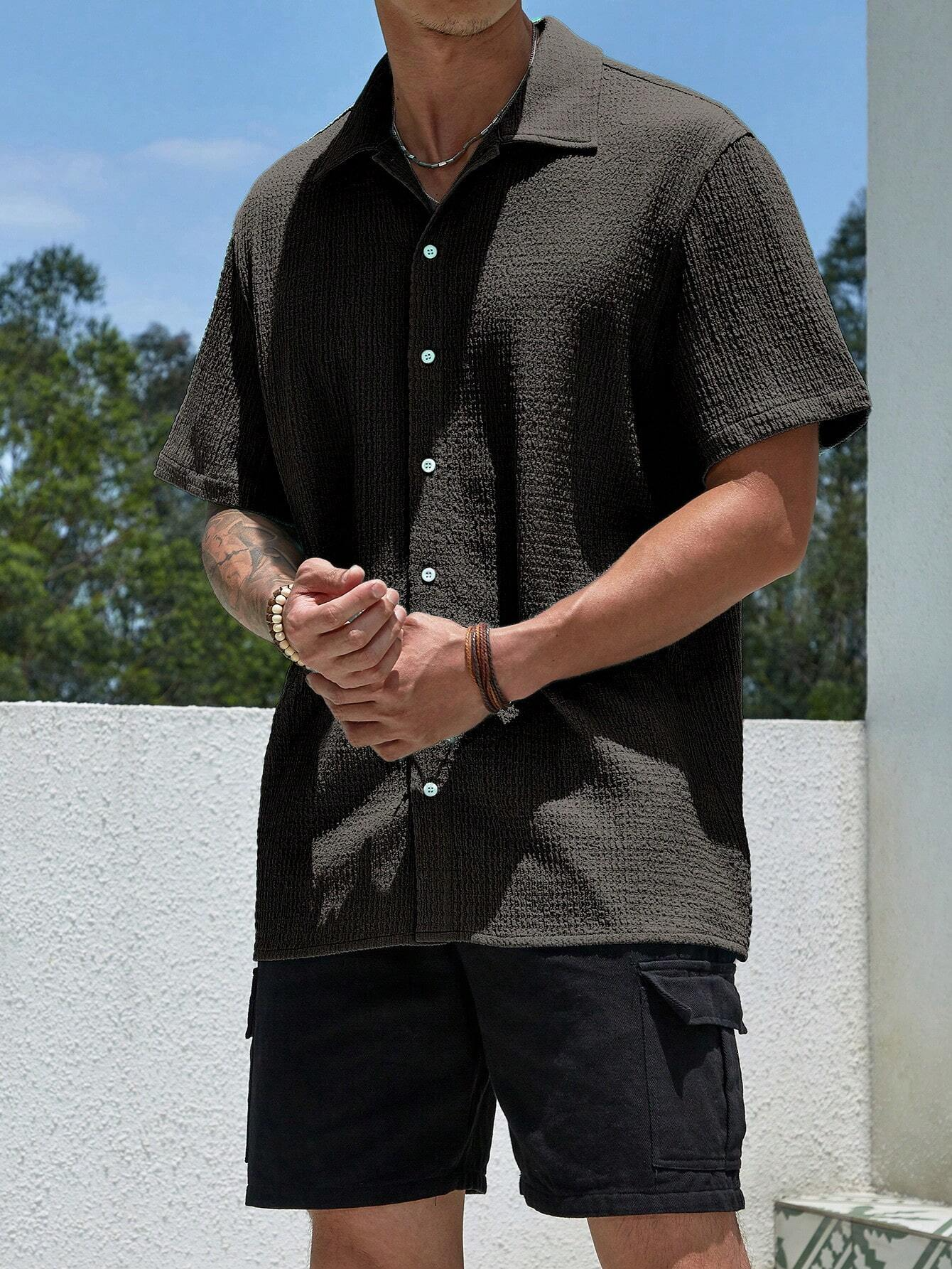 Stylish Men's Pleated Casual Lapel Short Sleeve Shirt