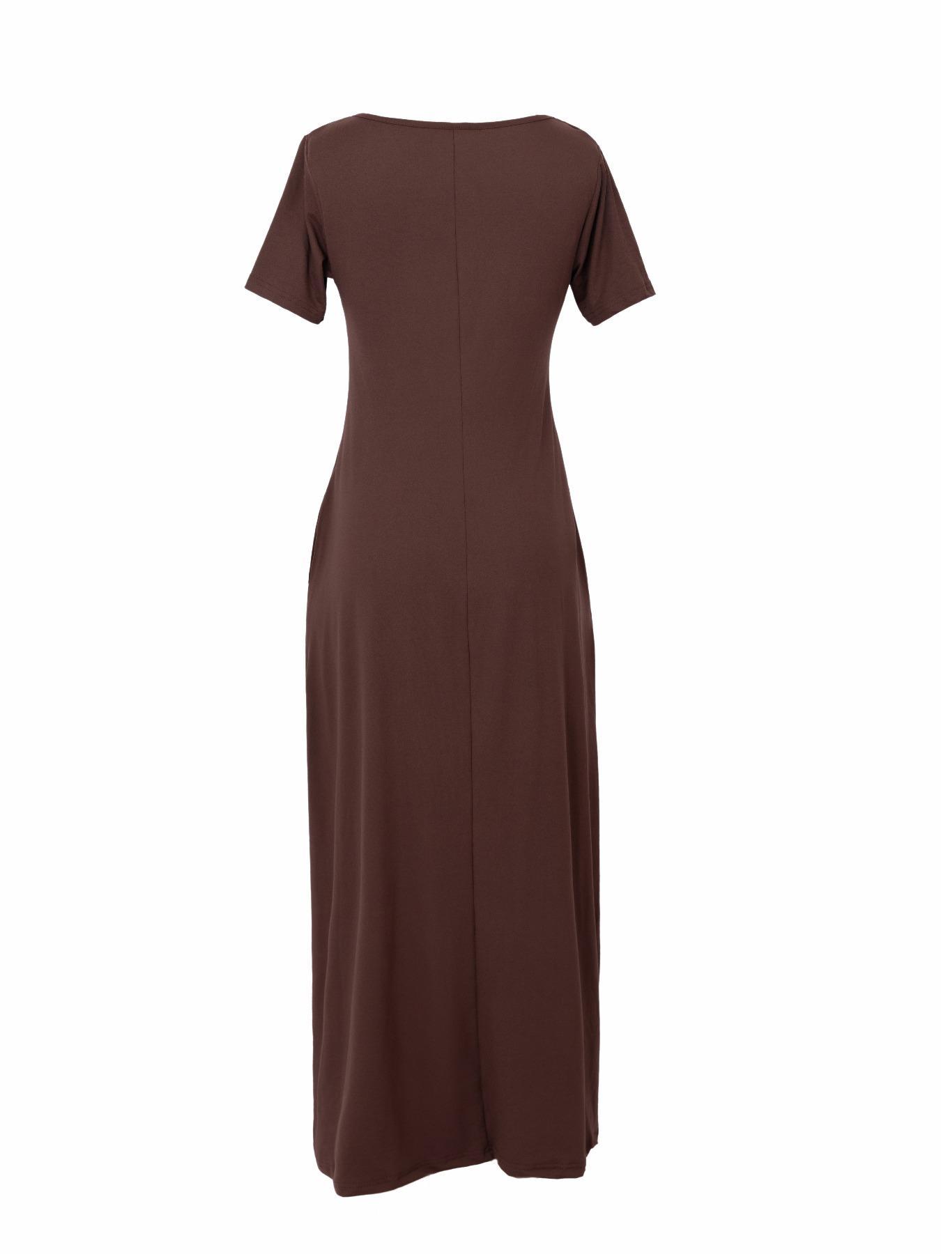 🔥🔥 Last Chance! 6 Pieces for $24.9, Today Only! 🔥Women's Long Coffee Color Dress, Casual Fitted Style, Large Round Neck Short Sleeve Pocket Sleepwear, Soft Fabric All Seasons Wear