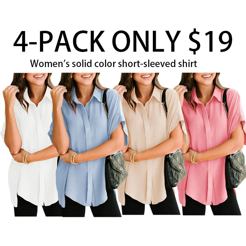 Women's Tops Dressy Casual V Neck Button Down Shirts Solid Short Sleeve Blouses Oversized Fit