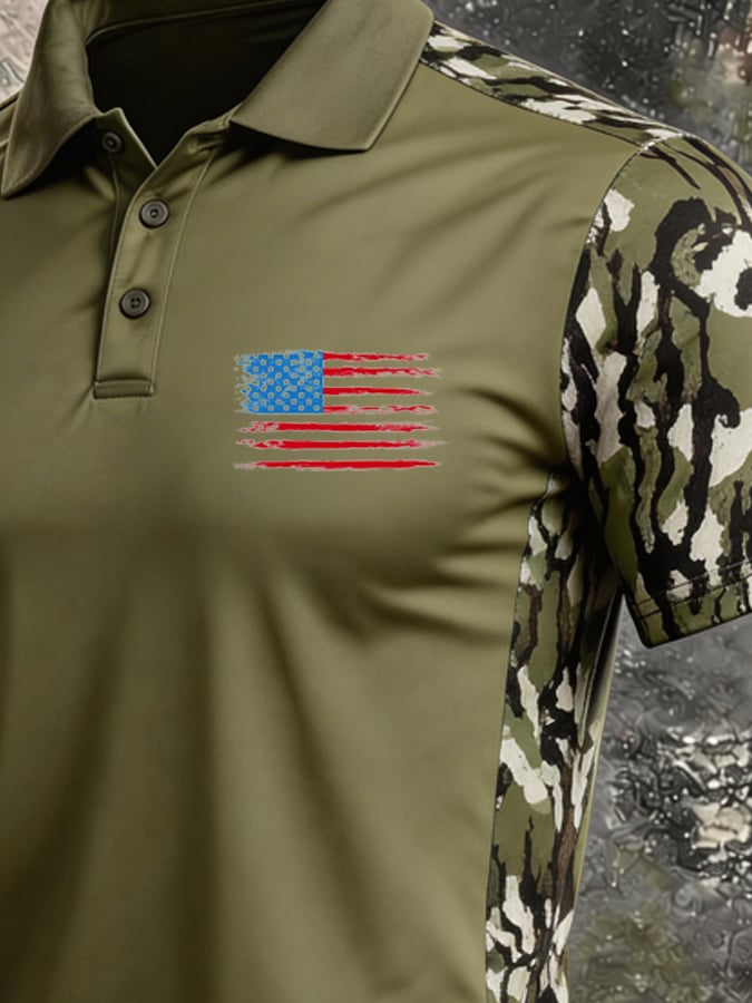 Men's Retro Patriotic Color-Block Short-Sleeve Polo Shirt