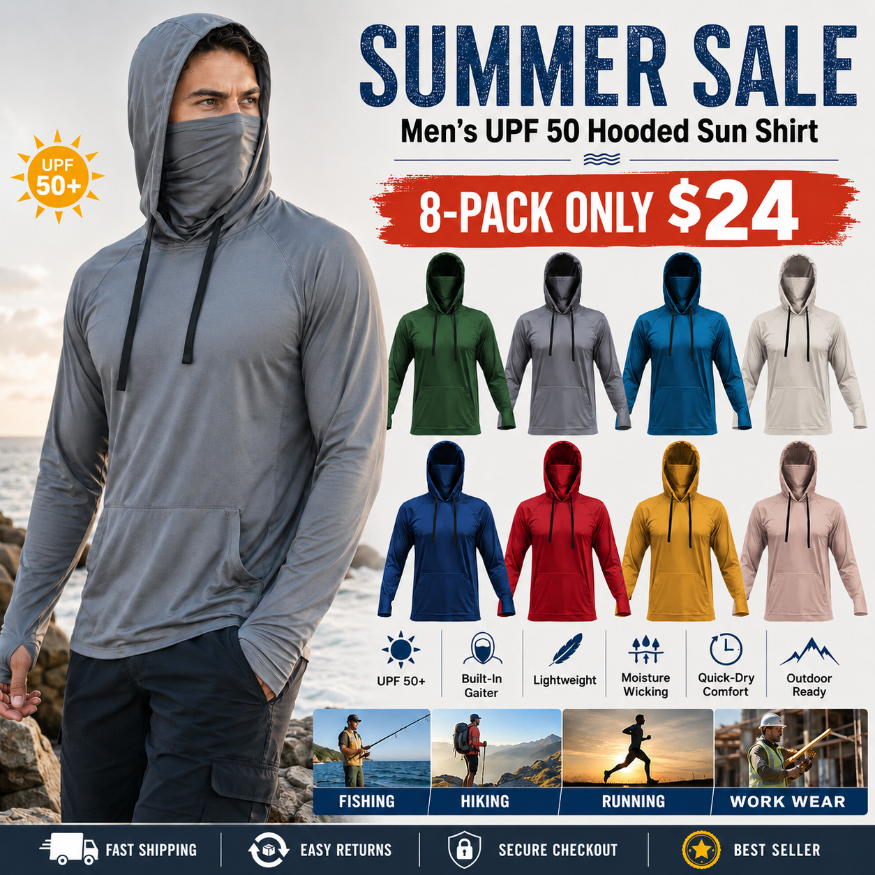 🔥Men's UPF 50 Hooded Long Sleeve Outdoor Shirt with Gaiter Lightweight Moisture Wicking Fishing & Construction Work Wear