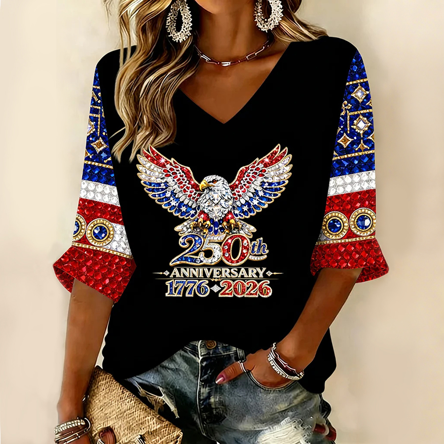 Ladies' Casual American 250Th Anniversary Celebration V-Neck Half Sleeved T-Shirt