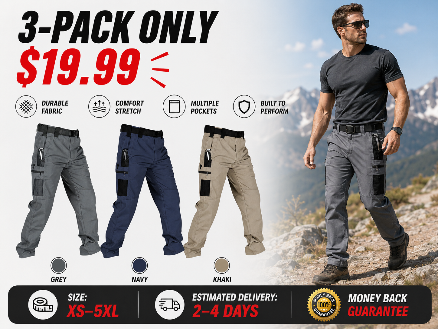 Men's solid color tactical work pants, multiple pockets - 6-pack