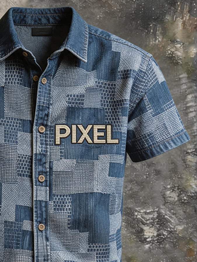 Men's Pixel Plaid Patchwork Denim Short Sleeve Shirt, PIXEL Letter Embroidery Lapel Collar Vintage Button Down Casual Streetwear Top