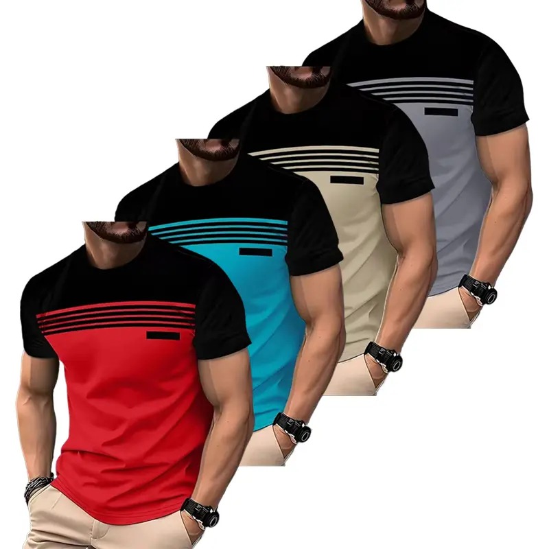 Men’s Short Sleeve T-Shirts, 4 Pack, Striped Panel Design; Casual Everyday Wear, Comfortable Breathable Fabric, Suitable for Summer.