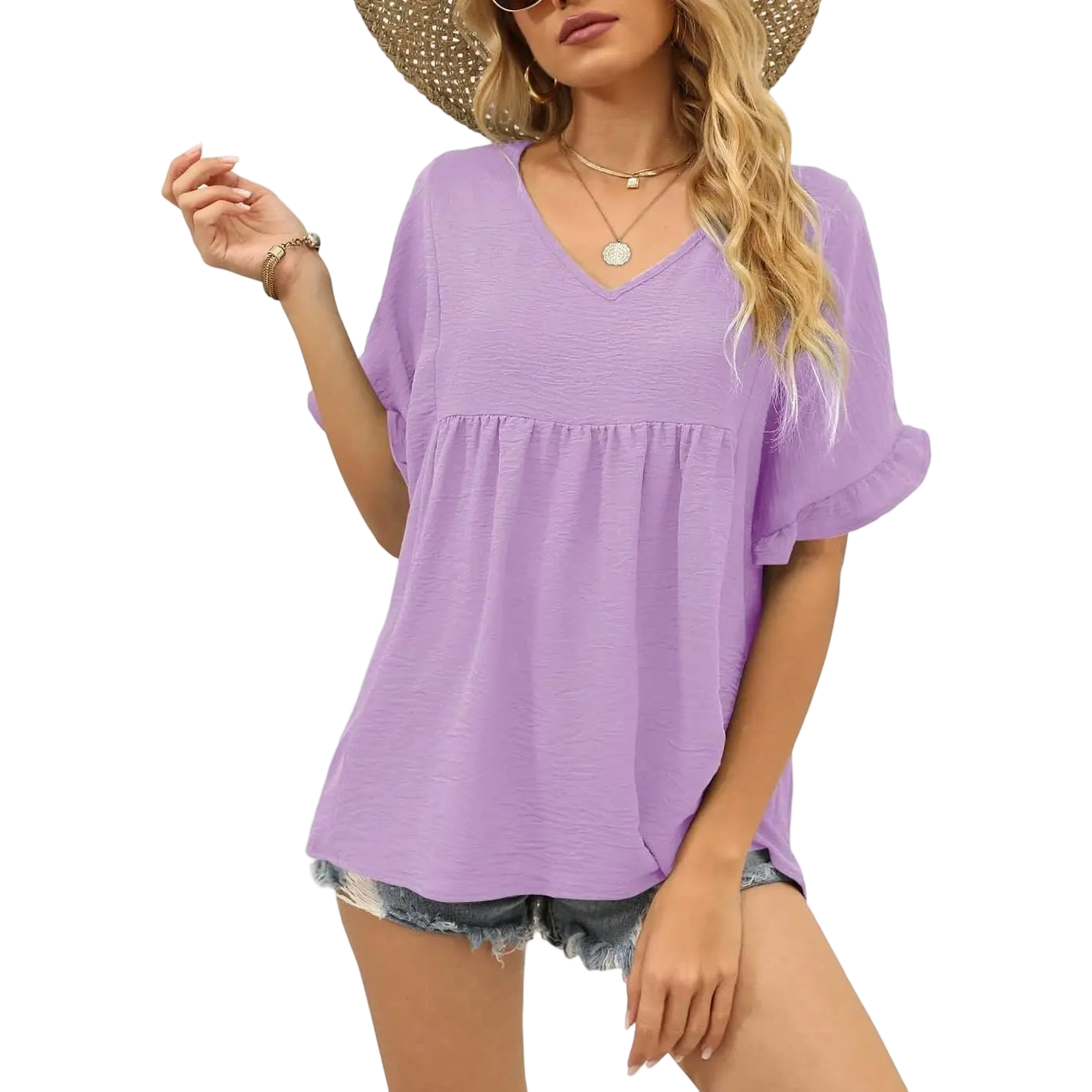 Womens Tops Casual V Neck Ruffle Sleeve T Shirts Babydoll Loose Fit Peplum Tops