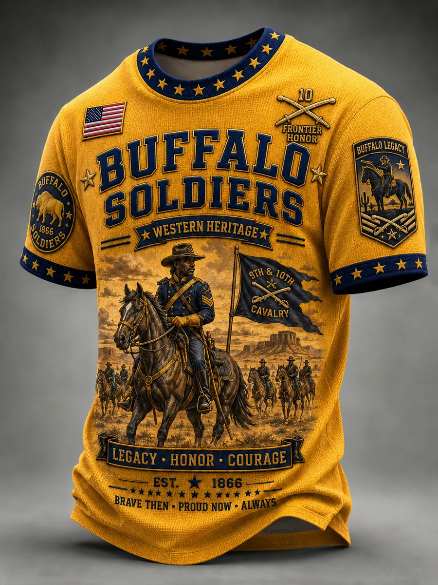 Men's Retro Buffalo Soldier Print  Casual T-Shirt