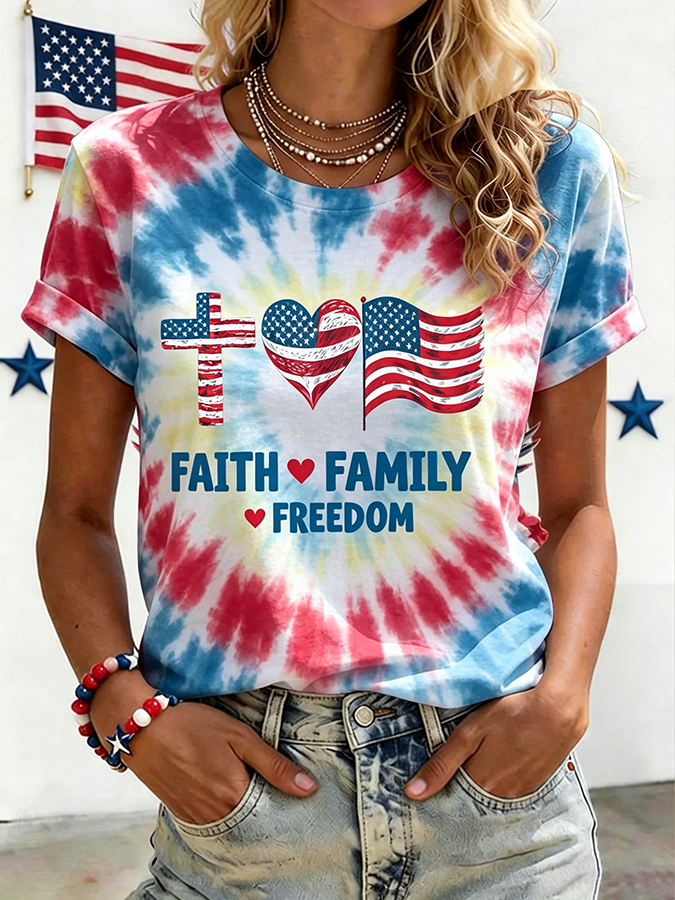 Women's Tie Dye Faith Family Freedom USA Flag Heart Cross Graphic T-shirt