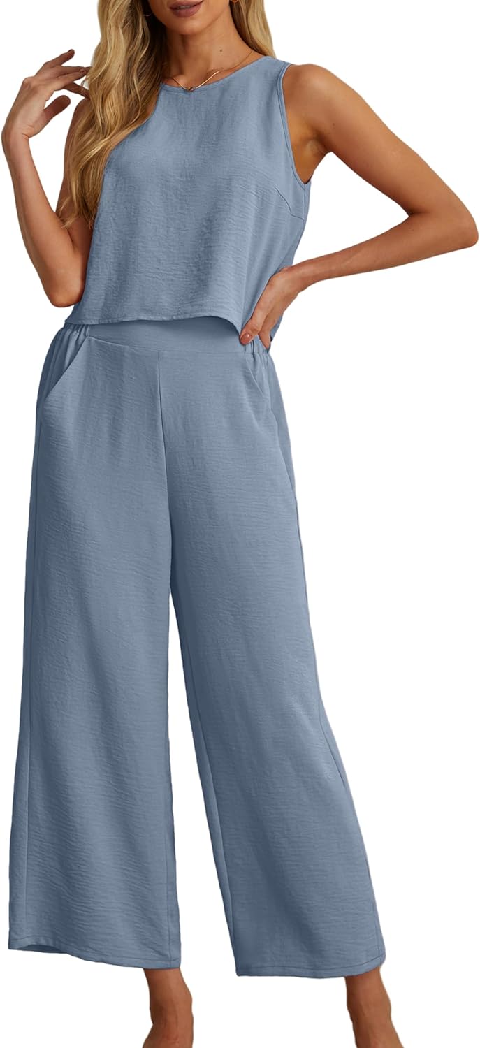 Women's Summer 2 Piece Outfits Set Round neck Sleeveless Tank Crop Top Wide Leg pants Set Pockets Jumpsuits